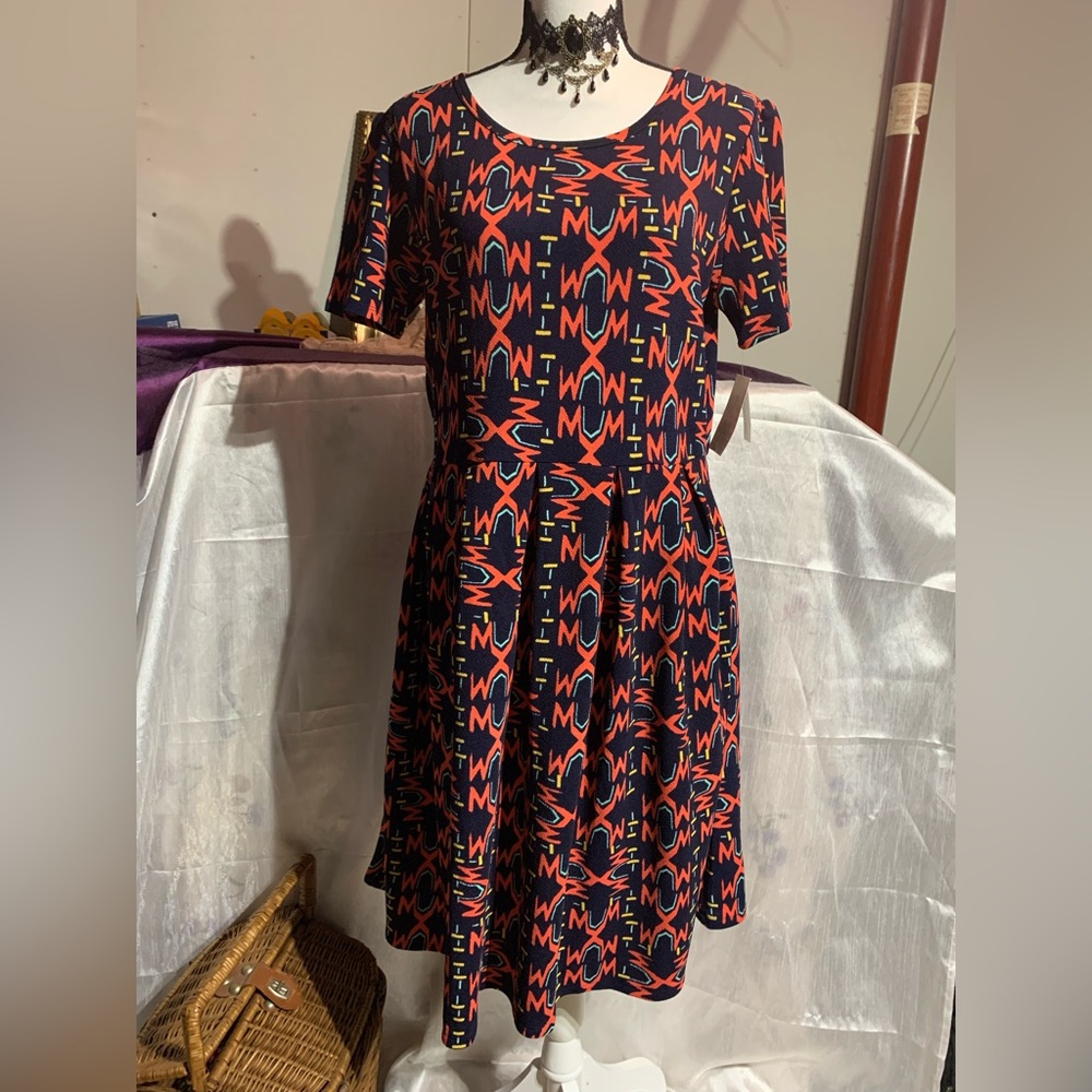 Lularoe Amelia Navy Blue Red Print Dress